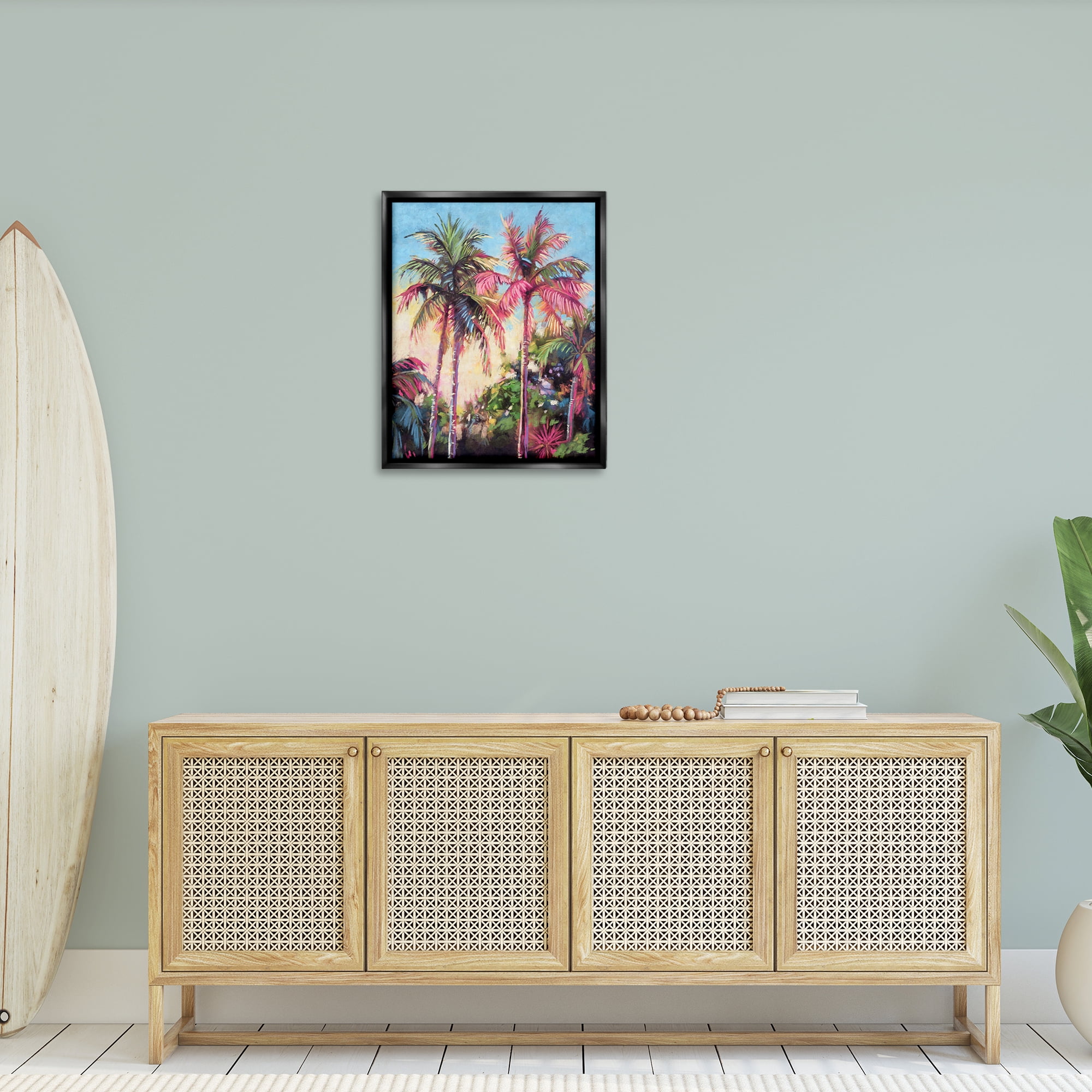 Stupell Industries Tropical Palms Pink Details Landscape & Nature Painting Black Floater Framed Canvas Art Print Wall Art, 25 x 31