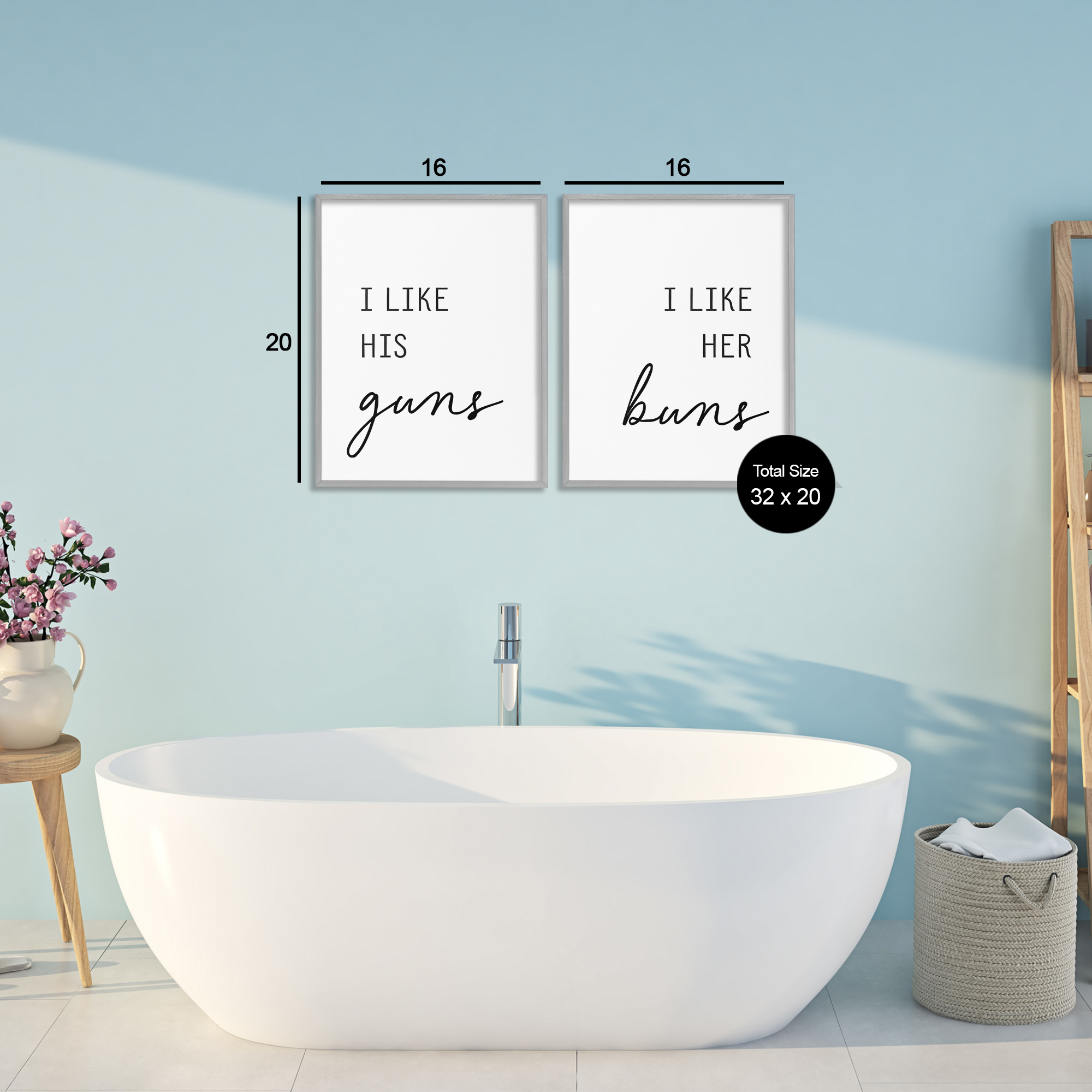 Like His Guns & Her Buns 2 Piece Gray Framed Giclee Art Set, design by Lettered and Lined