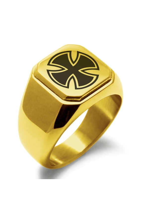 Stainless Steel Pattee Iron Cross Circlet Engraved Square Flat Top Biker Style Polished Signet Ring