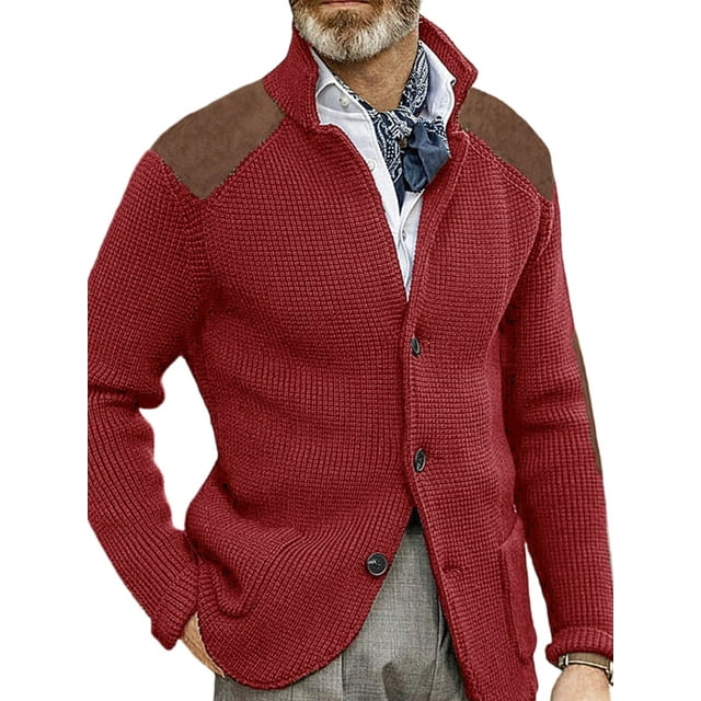 UKAP Men Cardigan Sweater Open Front Jacket Button Down Coat Casual Winter Warm Outwear Red M