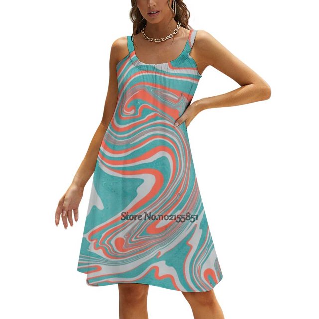 Green White & Orange Marble Pattern Back Lacing Backless Dress Square Neck Dress Fashion Design Large Size Loose Dress Graphic