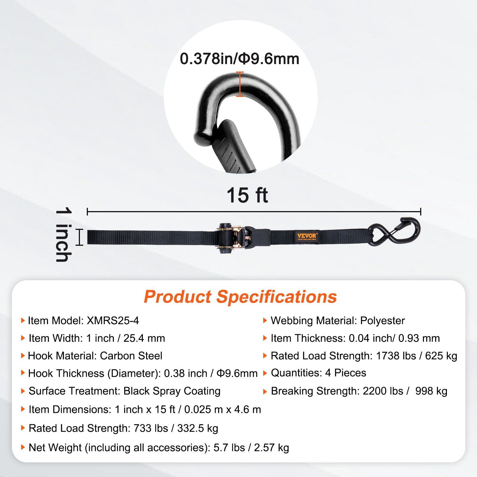 Premium Ratchet Tie Down Straps (4PK), 2200 LB Capacity, 1" x 15' Extra Long Straps with Padded Grips for Securing Appliances, Motorcycles, Cargo