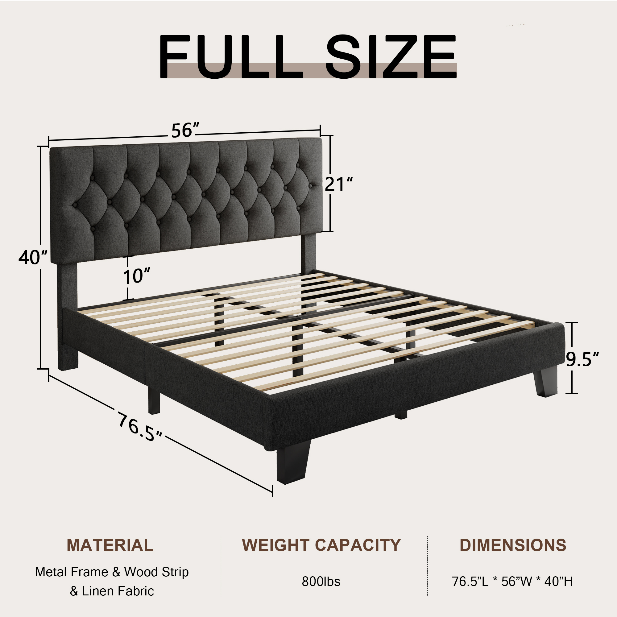 Virans Linen Full Size Platform Bed Frame with Tufted Button Headboard,Upholstered Bed with Wood Slat Support,No Box Spring,Noise Free,Easy Assembly,Dark Gray