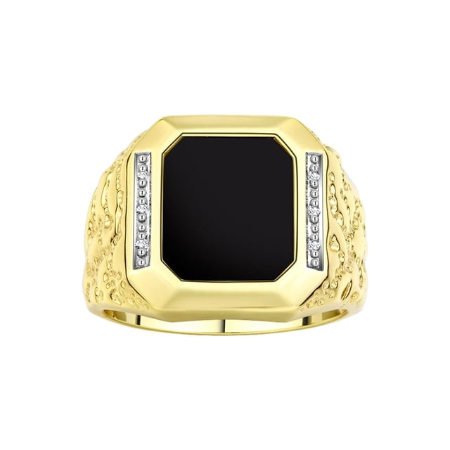 RYLOS Men's Rings 14K Yellow Gold Ring With Diamonds and Black Onyx Set in Designer Nugget Style Rings For Men Size 10