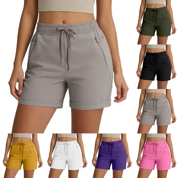 Bloomae Women's Hiking Shorts with Zipper Pockets Lightweight Drawstring Elastic High Waist Strech Quick Dry Golf Athletic Yoga Workout Shorts Yellow M