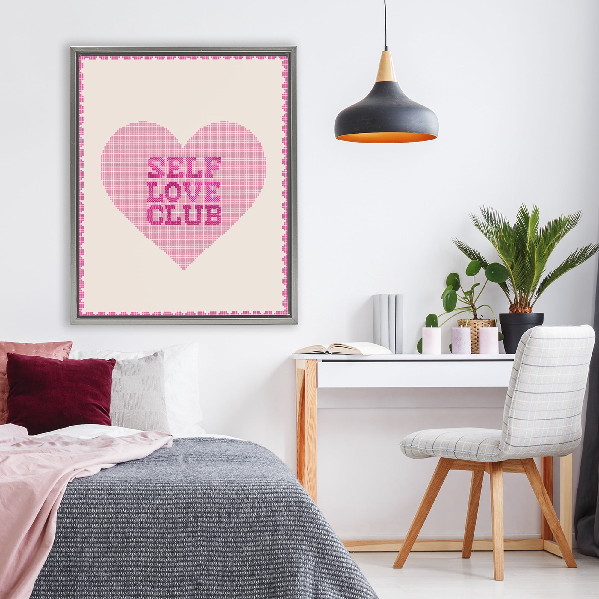 Stupell Industries Self Love Club Pixel Heart Gray Framed Floater Canvas Wall Art, design by Lil' Rue