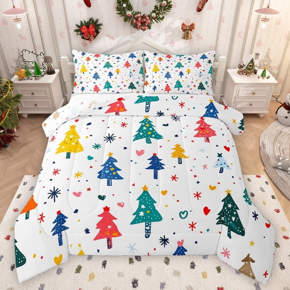 Feelyou Colorful Xmas Tree Queen Comforter Set for Kids, Cartoon Love Heart Bedding Sets, Merry Christmas Reversible Bedding Comforter Set, Super Cozy Room Decor, 3 Pieces