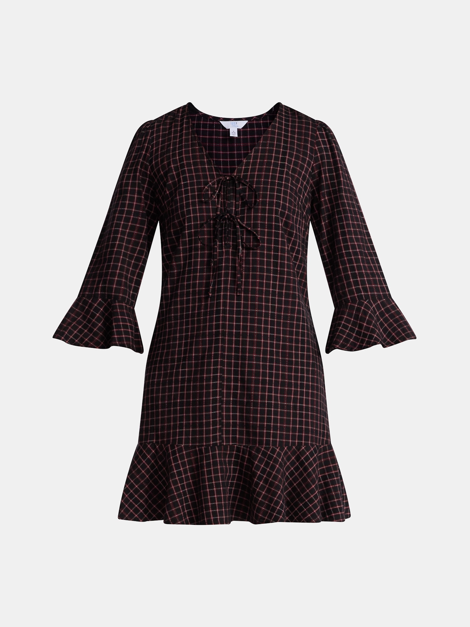 Time and Tru Women's Plaid Tie Front Mini Dress, Sizes XS-XXXL