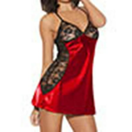 

Lenago Women Lingerie V Neck Nightwear Fun Satin Sleepwear Sling Lace Chemise Mini Underwear Nightdress