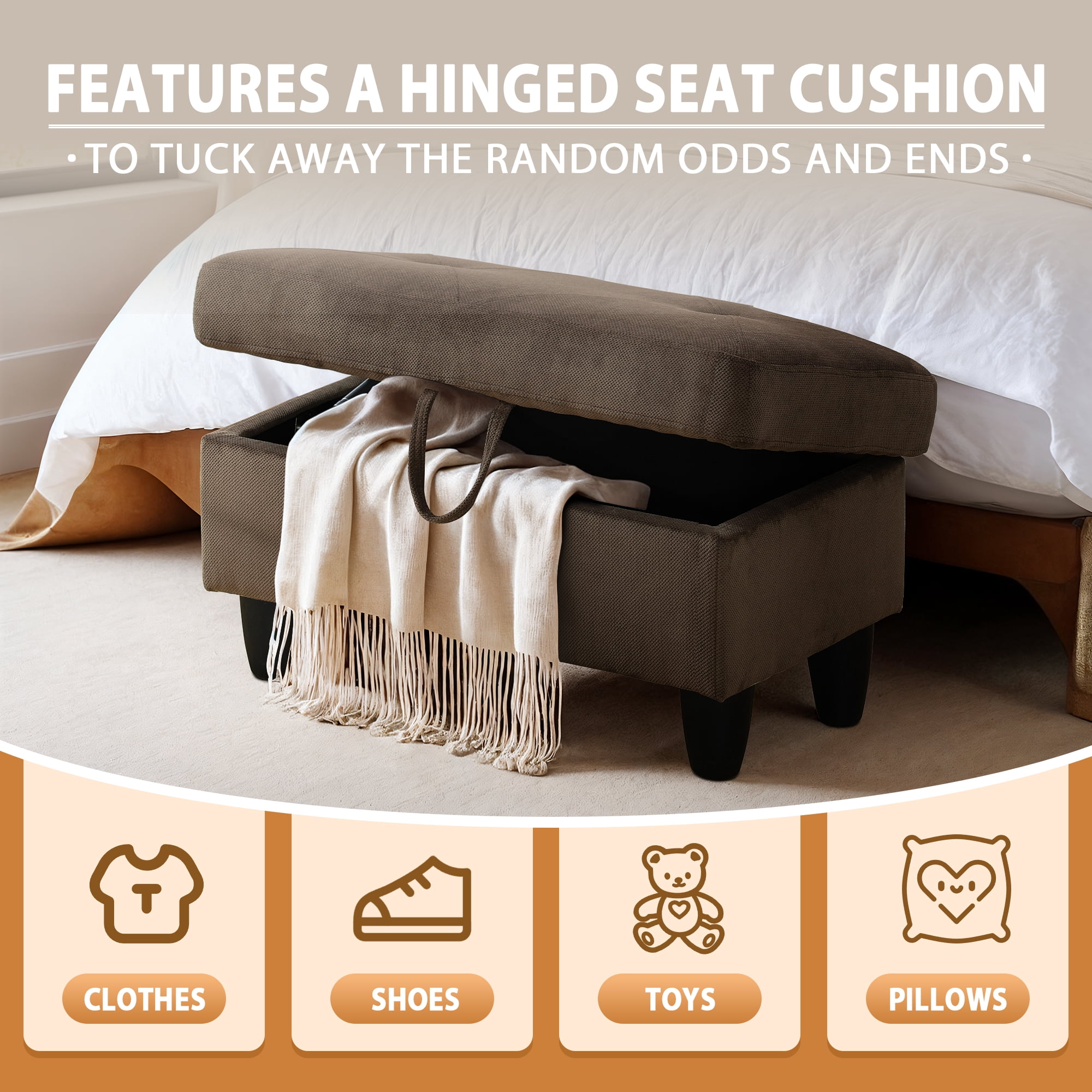 WRTEYEUI Ottoman Rectangular Storage Ottoman Bench, Flannel Footrest Stool Footstool with Lid for Living Room, Bedroom, Entryway, Dark Brown, 28.5"x19"x17.5"