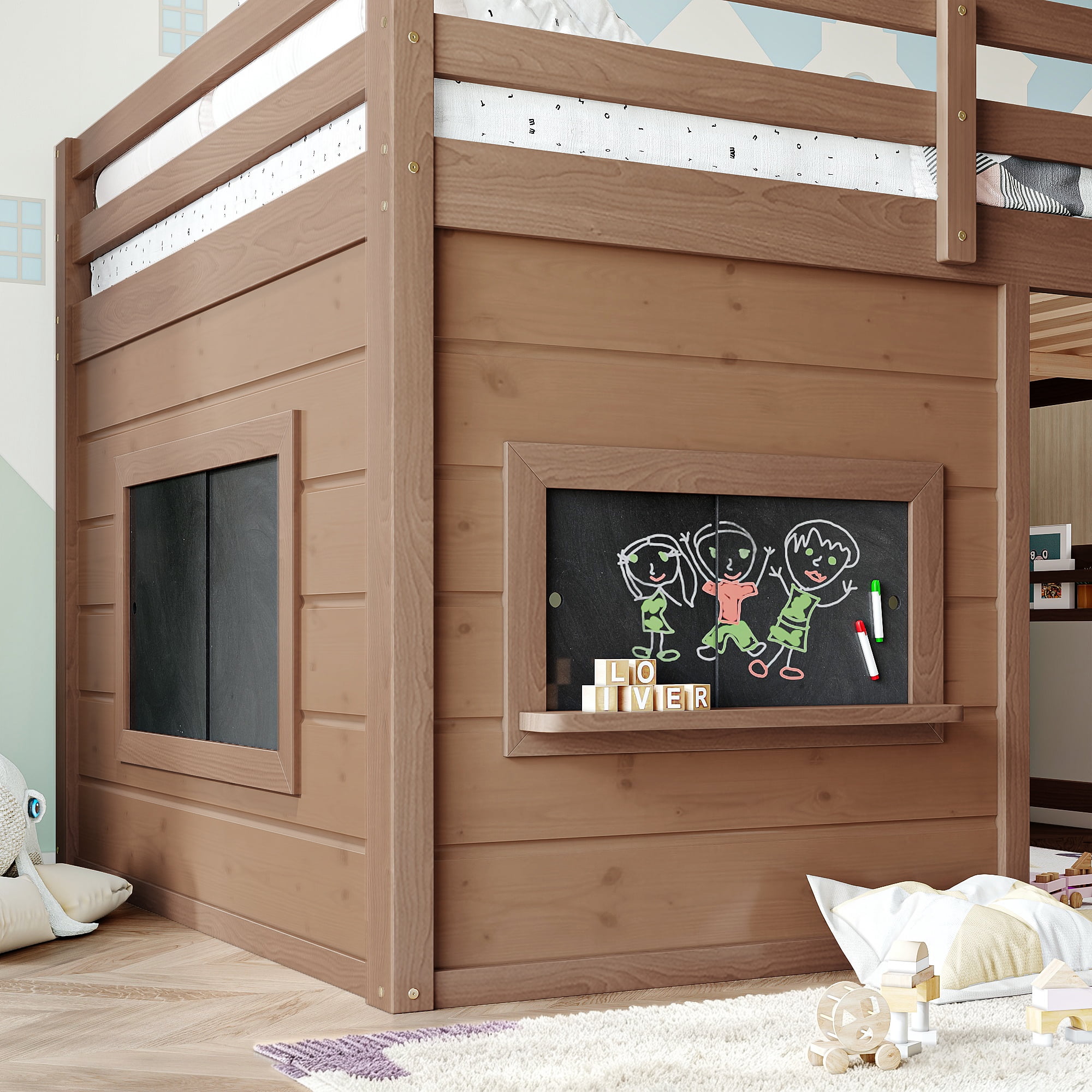Leumius Full Size Loft Bed with Storage Shelves,Solid Wood Low Loft Bed Frame with Chalkboard and Bookshelf,Space Saving,Natural