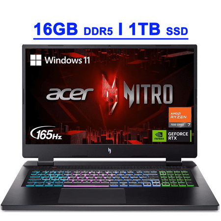 Acer Nitro 17 Premium Gaming Laptop 17.3" QHD IPS 165Hz AMD 8-Core Ryzen 7 7840HS Processor 16GB DDR5 1TB SSD GeForce RTX 4060 8GB Graphic RGB Backlit USB-C Killer E2600 Win11 Black