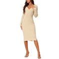 thumbnail image 2 of INSPIRE CHIC Vestido de suéter midi de punto ajustado con cuello en V y frente retorcido de manga larga para mujer, con abertura lateral, color beige, 2 of 6