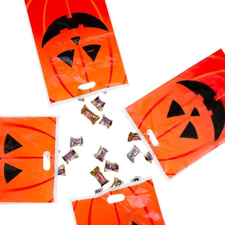 Halloween Bag Crafts - Jack-O-Lantern Orange Pumpkin Face Halloween Trick or Treat Plastic Candy Bags Party Favors Decoration Supplies (50 Bags) by Super Z Outlet