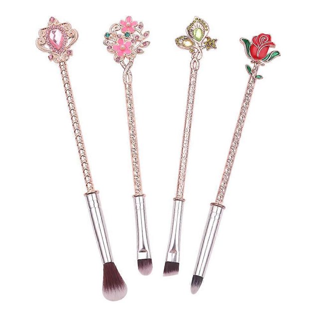 Rose Eye Makeup Brush Set - 4pcs Wand Makeup Brushes with Soft Synthetic Fiber and Metallic Handle for Eyebrow, Eyeshadow, Foundation, Blending and Li