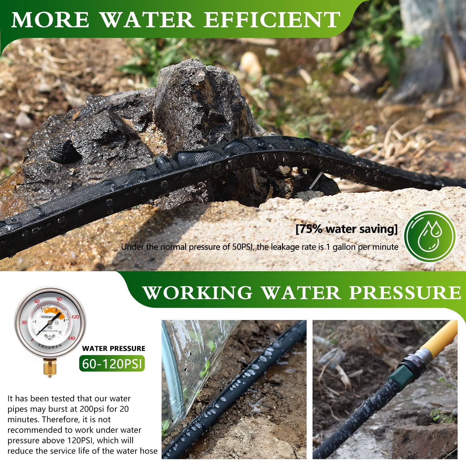 Flat Soaker Hose 50 Ft 2 pack for Garden Beds with Garden Hose Splitter, Garden Soaker Hose 100 Ft for Saving 70% Water, Drip Hose for Garden, Vegetable Beds(50FT-2PACK)