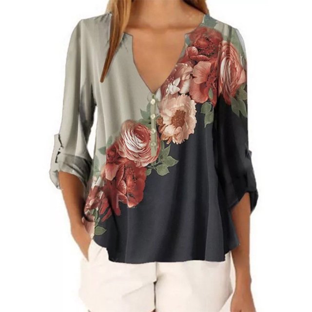 Pntutb Mujeres Casual tops Camisa Damas Cuello en V Estampado floral Camiseta suelta Blusa Camiseta top Pntutb Pntutb-47