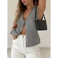 thumbnail image 6 of Womens Vintage Knittd Tank Y2k Vest Crop Top Sleeveless V-Neck Open Front Button Crochet Knit Vests Grey S, 6 of 9