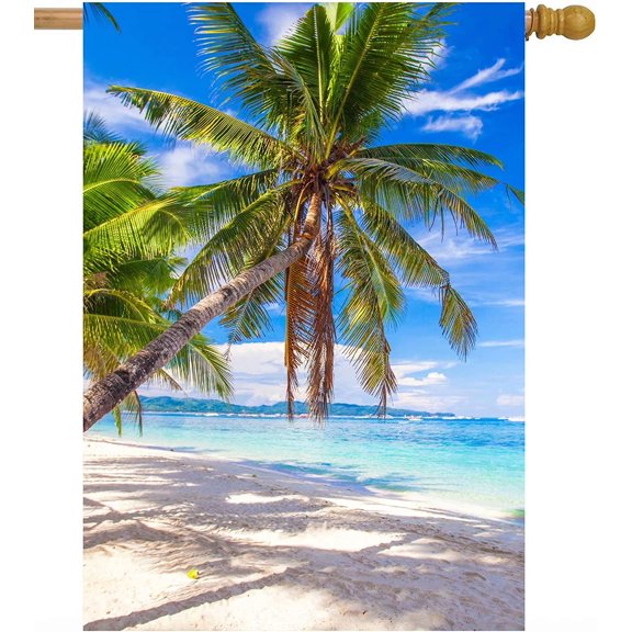 Tropical Beach Ocean Sea Palm Tree Summer Blue Landscape House Flag 28" x 40" Double Sided Polyester Welcome Yard Garden Flag Banners for Patio Lawn Home Outdoor Decor