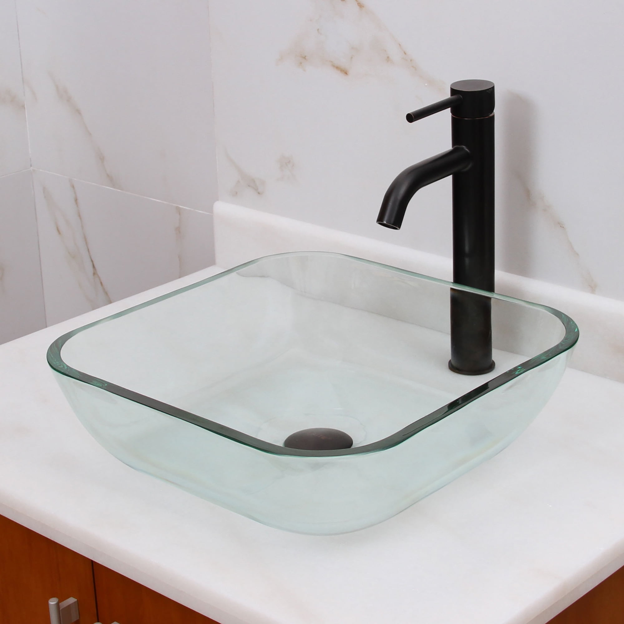 Elite Transparent Square Tempered Glass Flat Bottom Bathroom Vessel ...