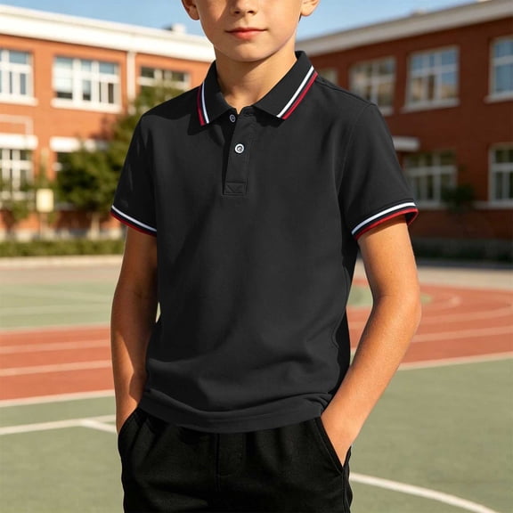 Boys Short Sleeve Knit Polo Shirt Black School Uniform Golf Athletic Collared Shirt for Youth,Size M
