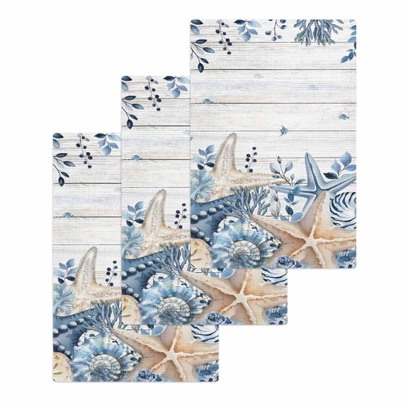 Blue Starfish Coastal Kitchen Dish Towels for Drying Dishes Set of 3, Eucalyptus Summer Nautical Shell Wooden Waffle Weave Microfiber Hand Tea Bathroom Towels Quick Dry & Absorbent Towel 15.7x23.6
