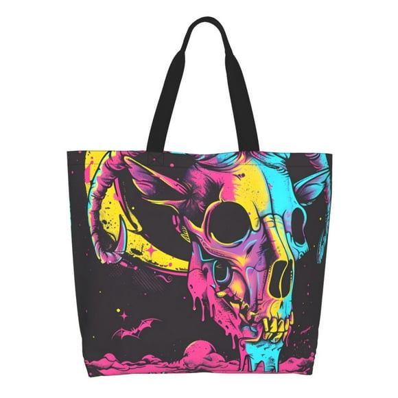 Gaeub Neon Gothic Skull Moon Tote Bags for Women,Large Capacity Bag Reusable Grocery Shoulder Bag with Inner Pockets