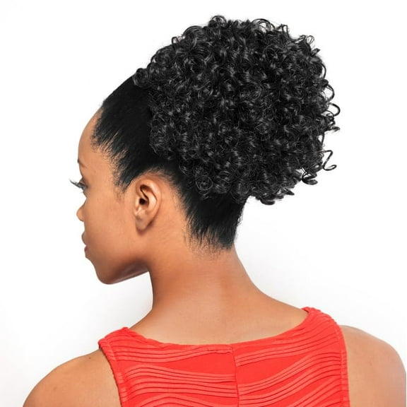 DS003 Ponytail Color 1 Black - Foxy Silver Wigs Drawstring Curly Hairpiece Dome Short Synthetic African American Womens Bundle with MaxWigs Hairloss Booklet