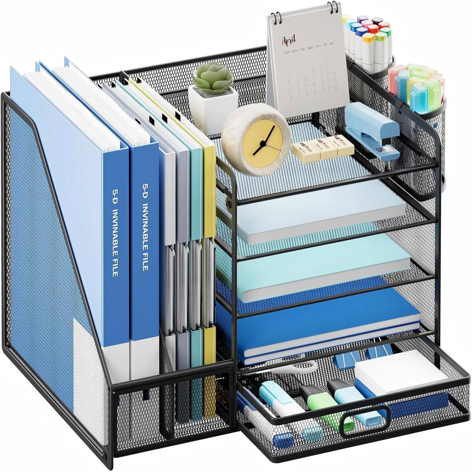 Ideallife Mesh Desk File Organizer - 3 Paper Trays & 2 Vertical Sections, Black Metal