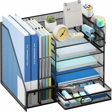 Behome Desk Organizer with File Holder, 5-Tier Desktop File Organizer with Drawer and 2 Pen Holders, Desk File Organizer for Office, Home or School, Black