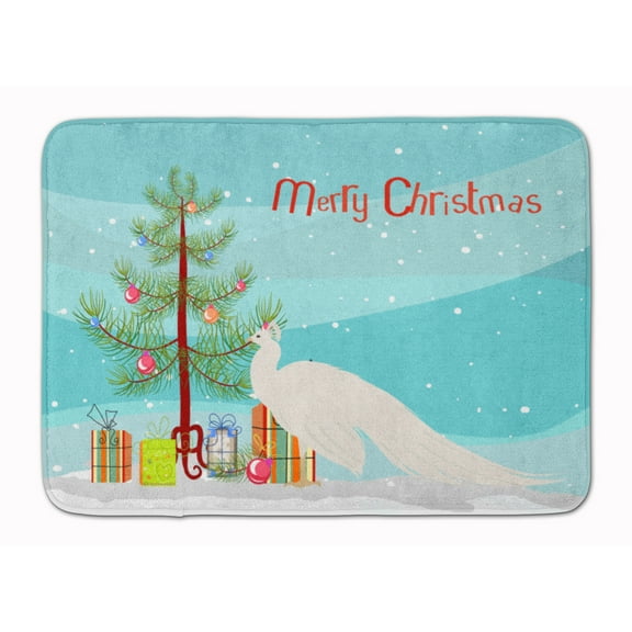 Carolines Treasures BB9293RUG White Peacock Peafowl Christmas Machine Washable Memory Foam Mat Teal 19 X 27" multicolor