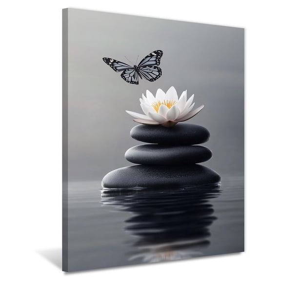 Zen Stones Butterfly Wall Art Blooming Lotus Floral in Water Canvas Print Spa Inspired Decor for Living Room Bathroom Home