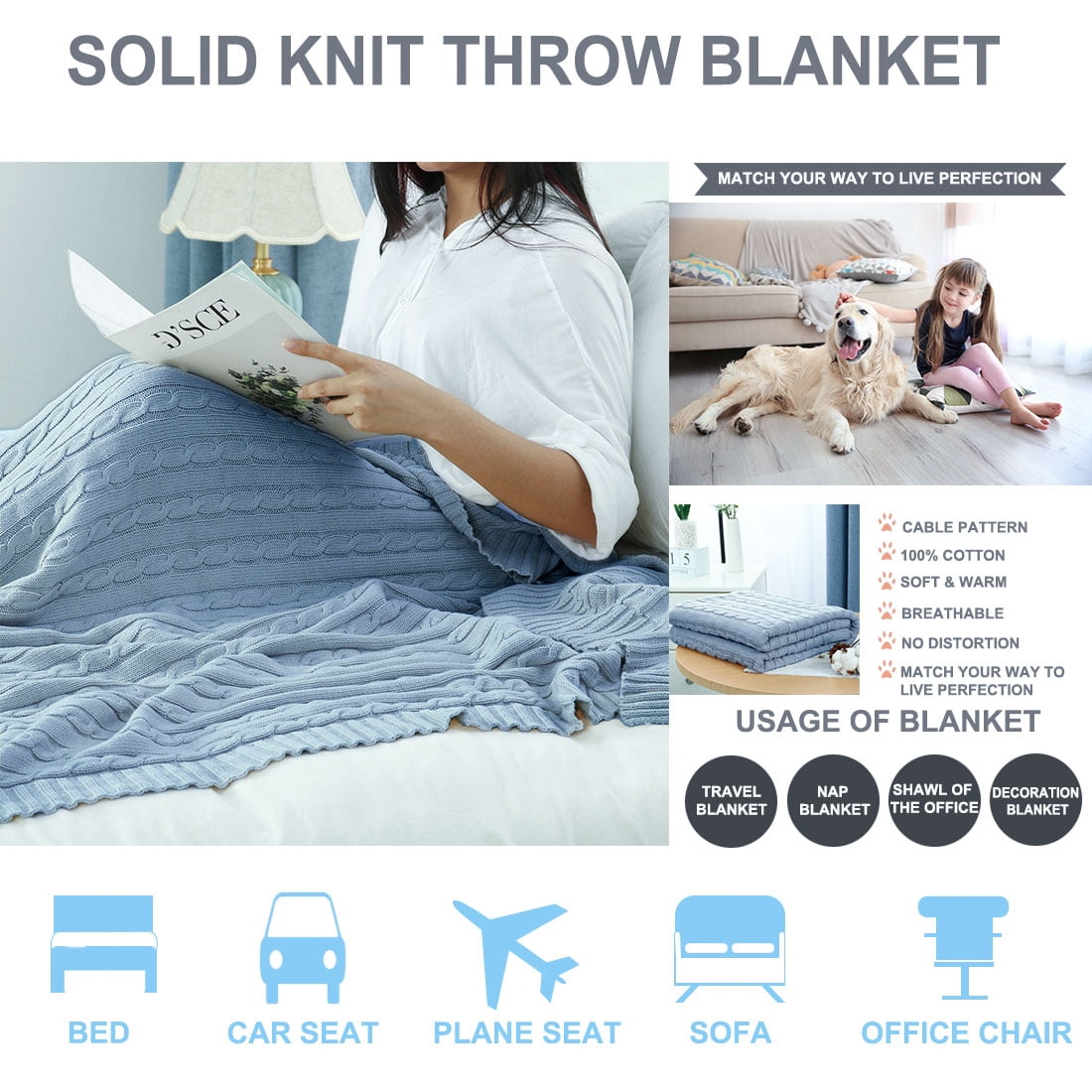 Unique Bargains 100% Cotton Cable Knit Throw Bed Blanket Columbia Blue 51" x 59"