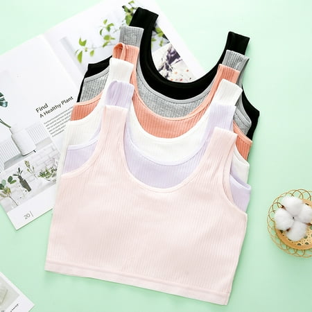 6 PC Girls Training Bras Seamless Wirefree Bra Ribbed Cotton Comfort Underwear Bralette Everyday Vest  Multi-Pack  M