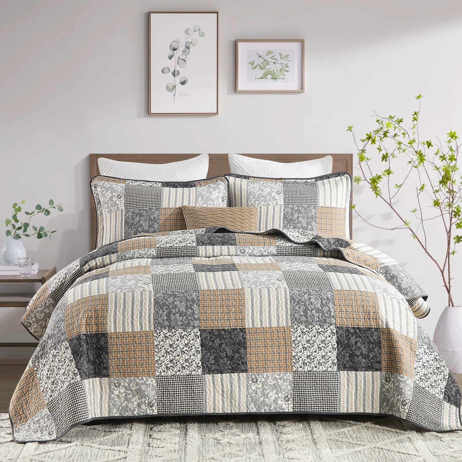 DDUOXIN Brown Plaid King Size Quilts - 100% Cotton King Size Quilt Set, Floral Gray Brown Patchwork Quilt Bedspreads for King Bed, Lightweight Reversible Coverlet Bedding Set with 2 Pillow Shams