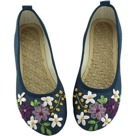 

Sandals Women Heels Slip On Cloth Shoes Single Shoes Ribbon Linen Breathable Embroidery Single Shoes Flat Heels Linen Embroidered Mother Shoes Womens Shoes Slip On Casual