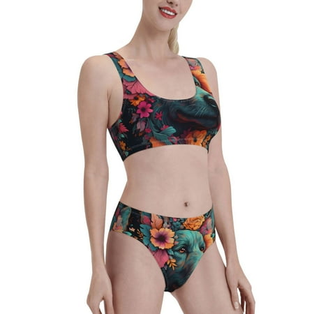Uemuo Colorful Flower Dog A Printed Women s High Waisted Bikini Sets Sporty Two Piece Swimsuits Color Block Cheeky High Cut Bathing Suits-Small