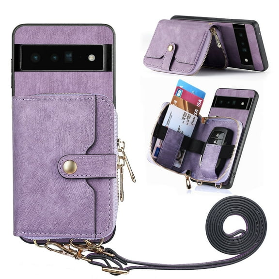 SaniMore for Google Pixel 8 Pro (2023) Case,Wear-resistant PU Leather Skin + Zipper Purse Card Slots Removeable Crossbody Lanyard Stand Shell Shockproof Anti-scratch Drop-resistant, Purple