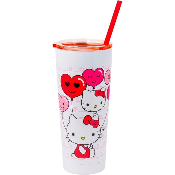 Silver Buffalo Hello Kitty Heart Balloons Double Walled Stainless Steel Tumbler with Straw, 22 Ounces