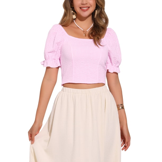 TOP CORTO CON ELÁSTICO INSPIRADOR CHIC PARA MUJERES CON MANGAS BUBBLE EN CUADROS GINGHAM XL ROSA CLARO