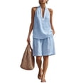 thumbnail image 2 of Women Linen Sets 2 Piece Outfits, Minimalist Halter Neck Top and High Waisted Wide Leg Short Pants Travel Matching Set, 2 of 6
