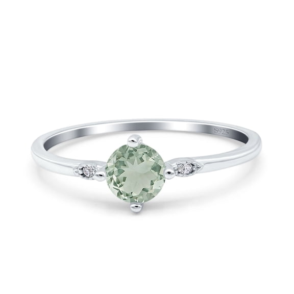 Natural Green Amethyst Prasiolite Size-5 Minimalist Round Solitaire Classic Vintage Style CZ Wedding Engagement Rings For Women 925 Sterling Silver Gifts For Her