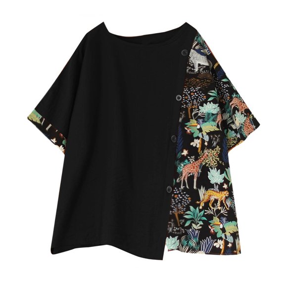 Sexlip Womens Swimsuit Set Floral Patchwork Cover Up Design Crew Neck Short Sleeve Loose Silhouette Quick Dry Fabric for Beach Outings Black XXXXXL