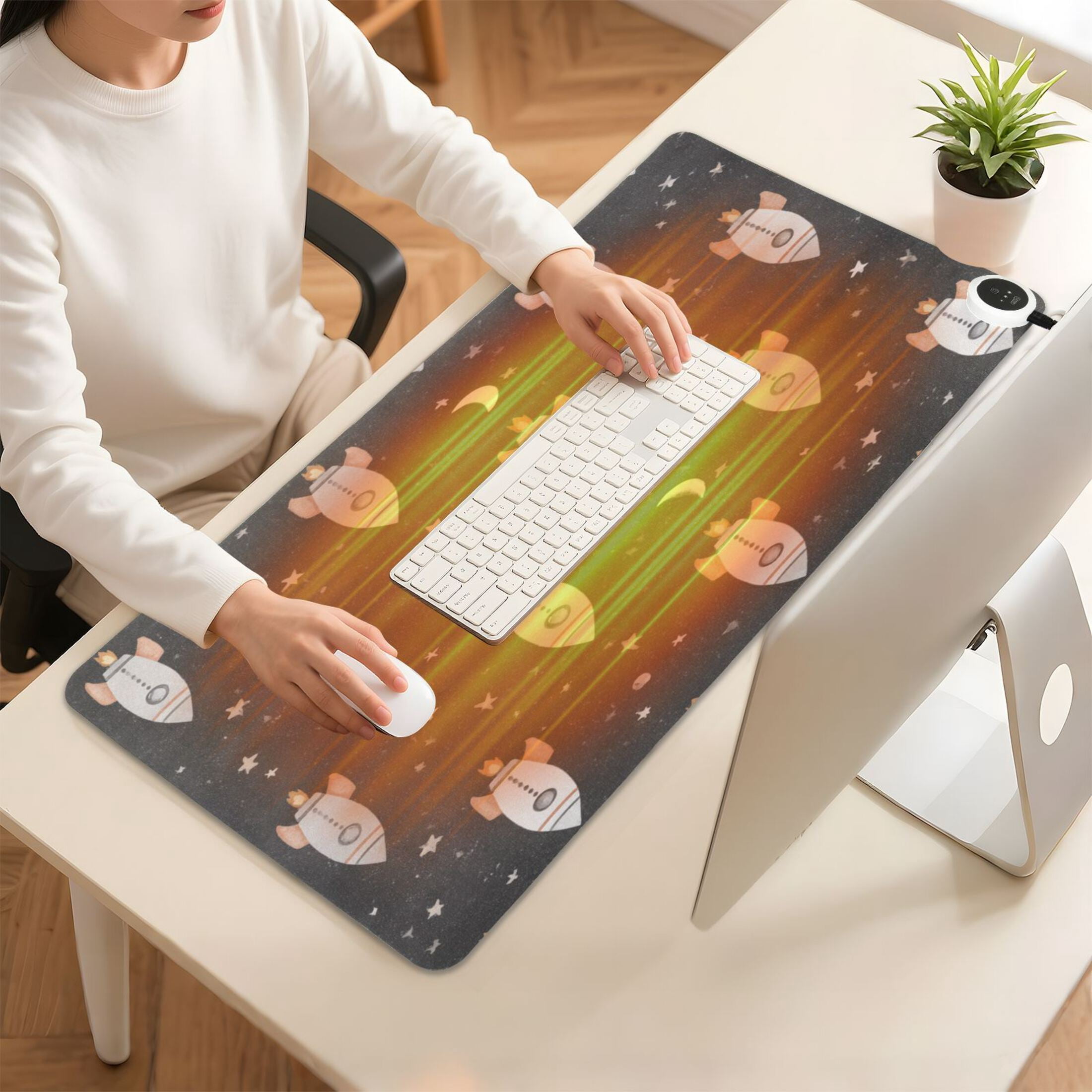 Large Heated Desk Mat Mouse Pad 31.5"x13"PU Leather Graphene Heating Desk Warmer with 3 Temperature Settings 110V US Plug Non-Slip Warm Pad for Home, Office, and Gaming Black Space Rocket Pattern