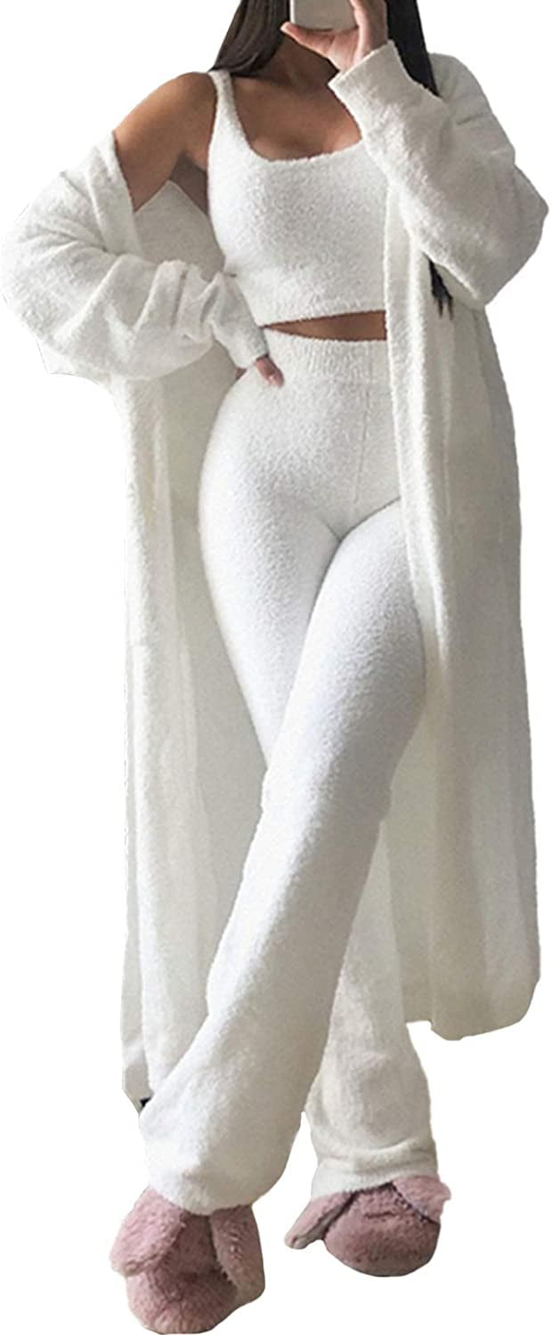 Linsery Women 3 Piece Sherpa Lounge Sets Fuzzy Warm Crop Top Shorts Set Fleece Outfits Pajamas 
