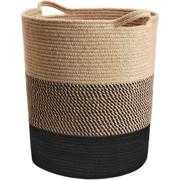 Laundry Basket Large Laundry Hamper, Woven Baskets for Storage, 17.8" x 15.8" x 13.8", Wicker Laundry Basket for Living Room, Dirty Clothes Basket, Baby Hamper for Nursery, Black & Jute