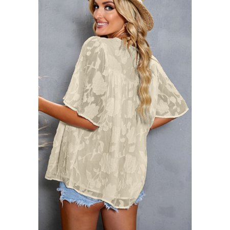 GCKG Women s Beige Floral Textured Ruffled Half Sleeve Babydoll Top (US 16-18)XL