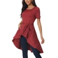 thumbnail image 4 of INSPIRE CHIC Women's Short Sleeve High Low Hem Tops Round Neck Tie Waist Asymmetrical Irregular Hem Blouse S Wine Red, 4 of 6