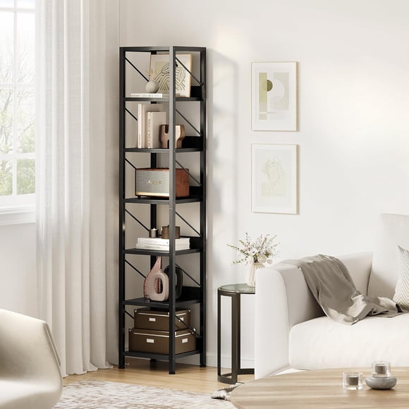 Narrow, de altura, y skinny 6 - tier standing estante con metal frame - rustic para exposición rack para dormitorio, sala de estar, home, o oficina (negra)