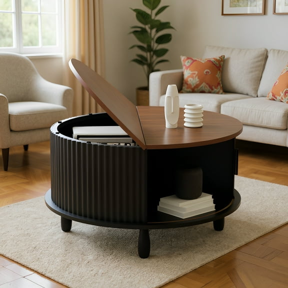 Strafriture Coffee Table Round Coffee Tables with Storage 30.7" Fluted Center Table for Living Room Modern Wood Table with Sliding Cabinet Door Black